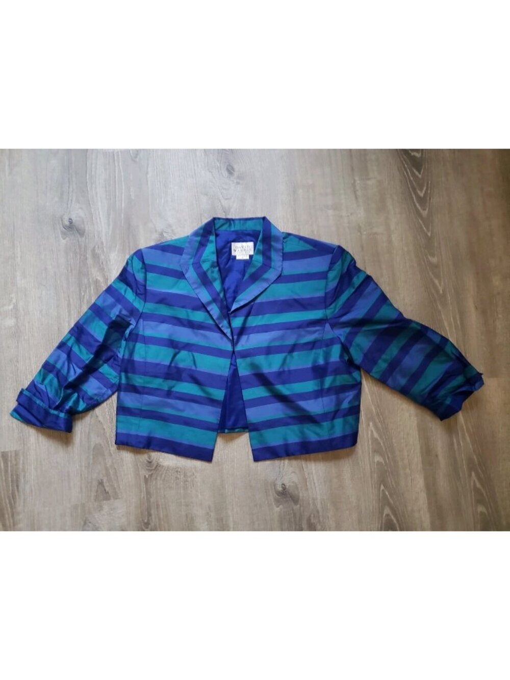 Vtg David Warren Womens 16 Cropped Jacket 100% Silk Green Stripe 3/4 Sleeve Chic